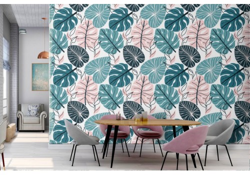 Green tropical wide leaves pattern wallpaper.