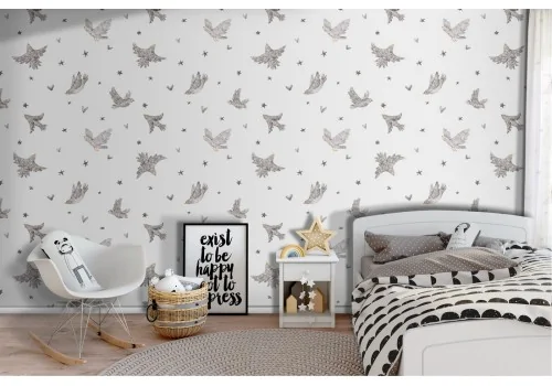 Children's wallpaper decoration with little birds.