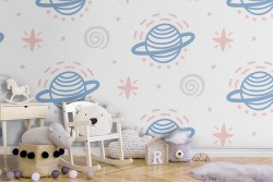 Children's wallpaper with drawn planets.