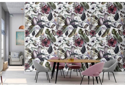 Modern wallpaper pattern with leaves and flowers.