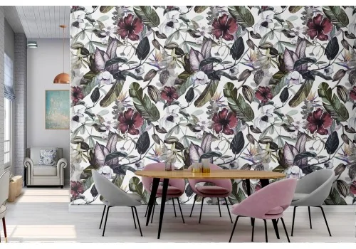 Modern wallpaper pattern with leaves and flowers.