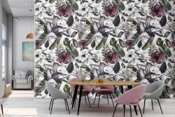 Modern wallpaper pattern with leaves and flowers.
