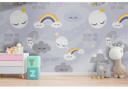 Children's wallpaper with moon and rainbows.