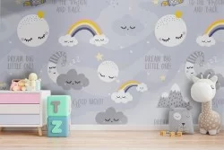 Children's wallpaper with moon and rainbows.