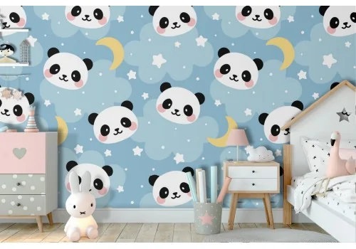 Panda and moons children's wallpaper decoration.