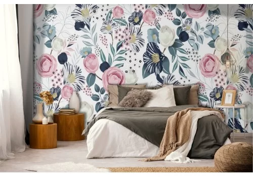 Carta da Parati decorazione rose e foglie vintage.