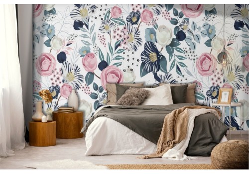 Wallpaper decoration vintage roses and leaves.