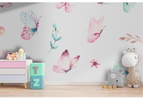 Wallpaper decoration for children with butterflies and ribbons.
