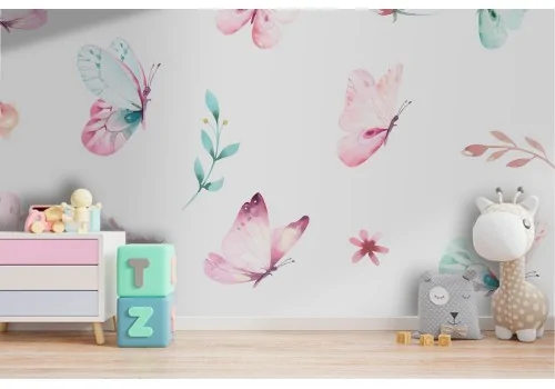 Wallpaper decoration for children with butterflies and ribbons.