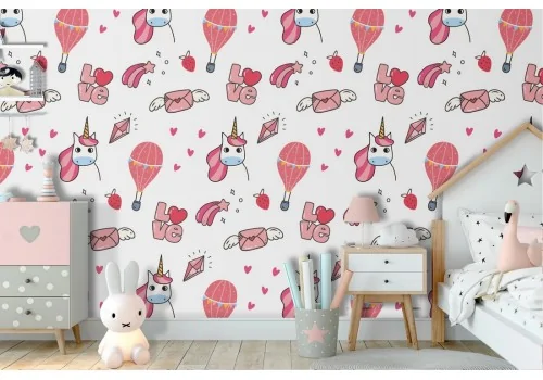 Children's wallpaper with decorations and unicorns.
