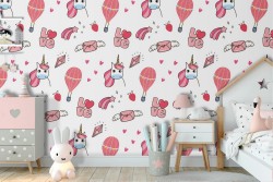 Children's wallpaper with decorations and unicorns.