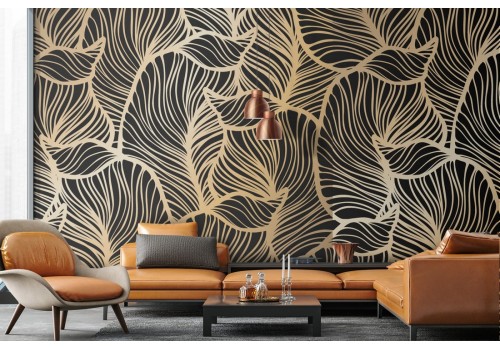 Wallpaper with large stylized tropical gold leaves.