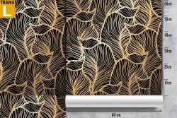 Wallpaper with large stylized tropical gold leaves.