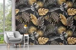 Carta da Parati decorazione foglie glamour oro.