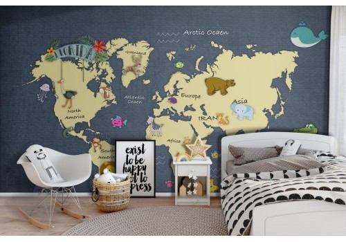 Children's wallpaper world map animals