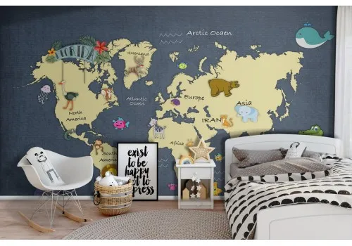 Children's wallpaper world map animals