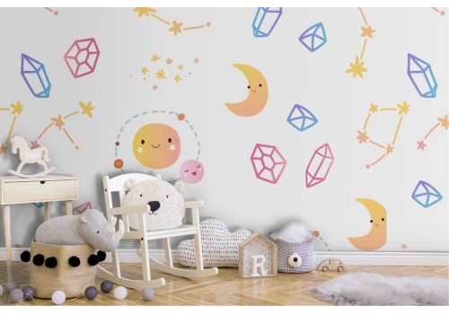 Children's wallpaper decoration stars and planets.