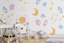 Carta da Parati bambini decorazione stelle e pianeti.