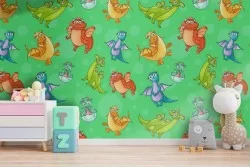 Carta da Parati decorazione bambini dinosauri e draghi.