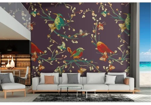 Wallpaper abstract decoration flowers and little birds.