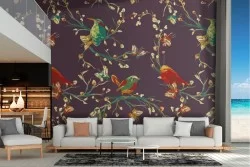 Carta da Parati decorazione astratta fiori e uccellini.