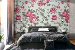 Vintage red roses floral wallpaper decoration.