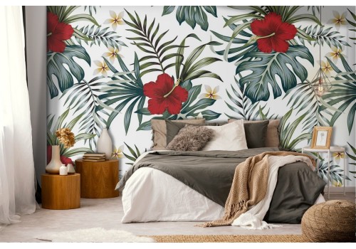 Wallpaper decoration with tropical flowers and leaves.