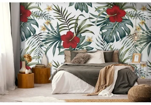 Wallpaper decoration with tropical flowers and leaves.