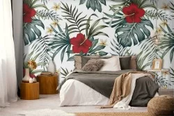 Wallpaper decoration with tropical flowers and leaves.