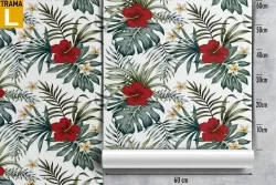 Wallpaper decoration with tropical flowers and leaves.