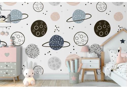 Children's wallpaper with stylized planets.