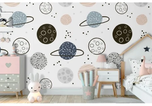 Children's wallpaper with stylized planets.