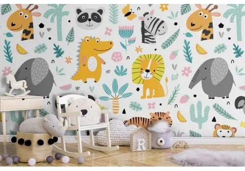 Children's wallpaper jungle forest animals.