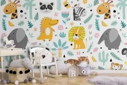 Children's wallpaper jungle forest animals.