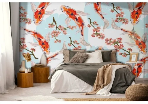 Wallpaper oriental decoration with carps and peach.