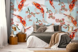 Wallpaper decoration oriental carps and peach.