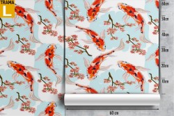 Wallpaper decoration oriental carps and peach.