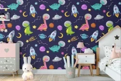 Carta da Parati decorazione bambini alieni e pianeti.