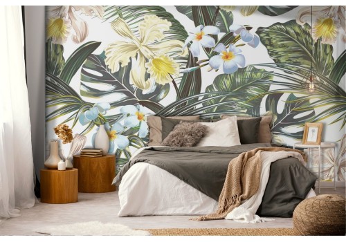 Tropical leaves and flowers wallpaper decoration.