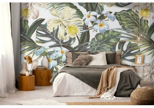 Wallpaper decoration with tropical leaves and flowers.