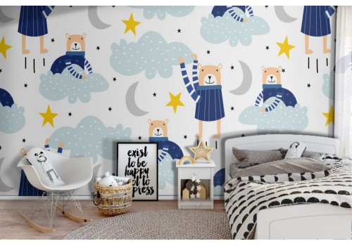 Children's wallpaper decoration with animals and stars.