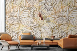 Carta da Parati decorazione foglie stilizzate oro.