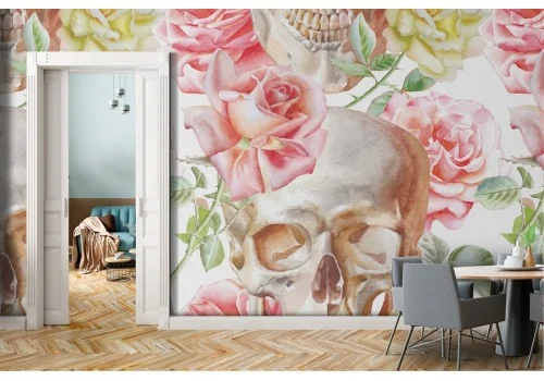 Wallpaper decoration roses and skulls.