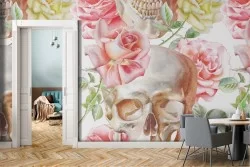 Wallpaper decoration roses and skulls.