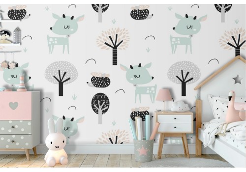 Wallpaper decoration children animals and trees.