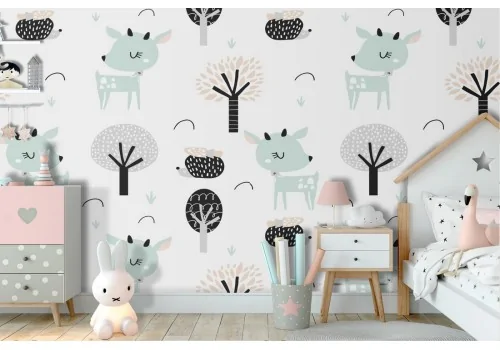 Wallpaper decoration children animals and trees.