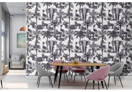 Wallpaper decoration with tropical palms and animals.