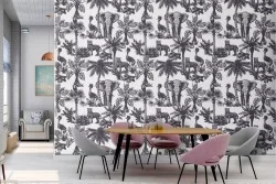 Carta da Parati decorazione palme e animali tropicali.