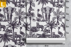 Carta da Parati decorazione palme e animali tropicali.