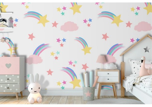 Wallpaper decoration for children stars and rainbows.